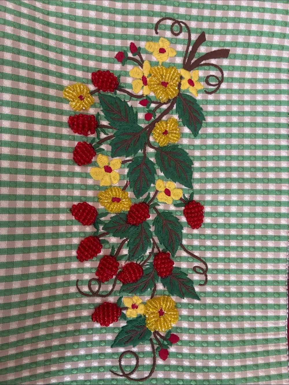 VINTAGE Isabella Fiore Red Leather&Green Gingham Bag w/ Floral&Fruit Embroidery